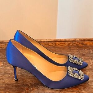 Manolo Blahnik Hangisi Royal Blue Heels with Embellishments